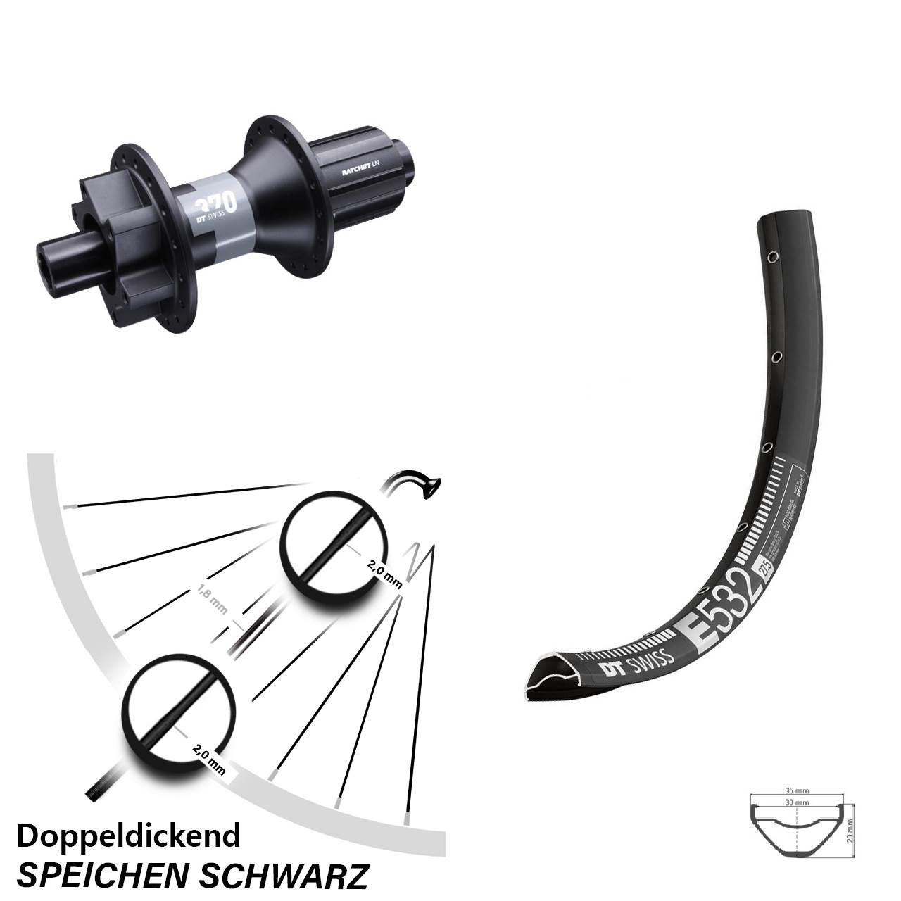 MTB 29 Zoll Hinteres Rad DT Swiss E 532 mit Nabe 370 12x142 mm Steckachse 8-11 fach