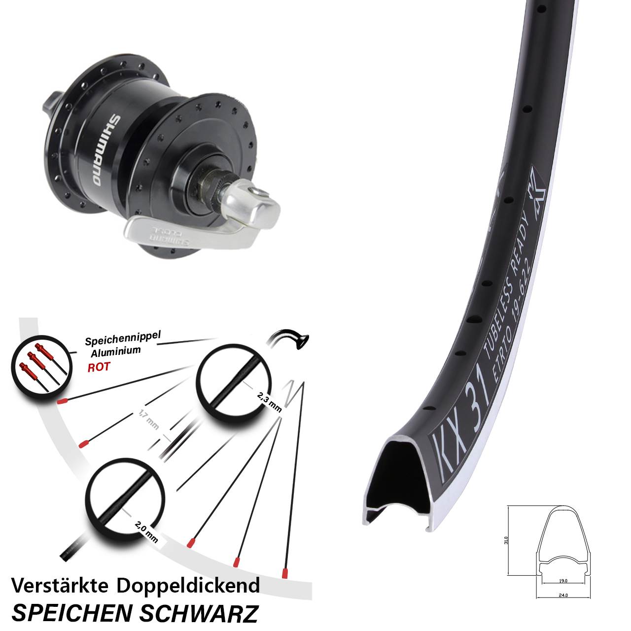 KX 31 Shimano DH3N72 28 Zoll Laufrad mit Nabendynamo für Schnellspanner