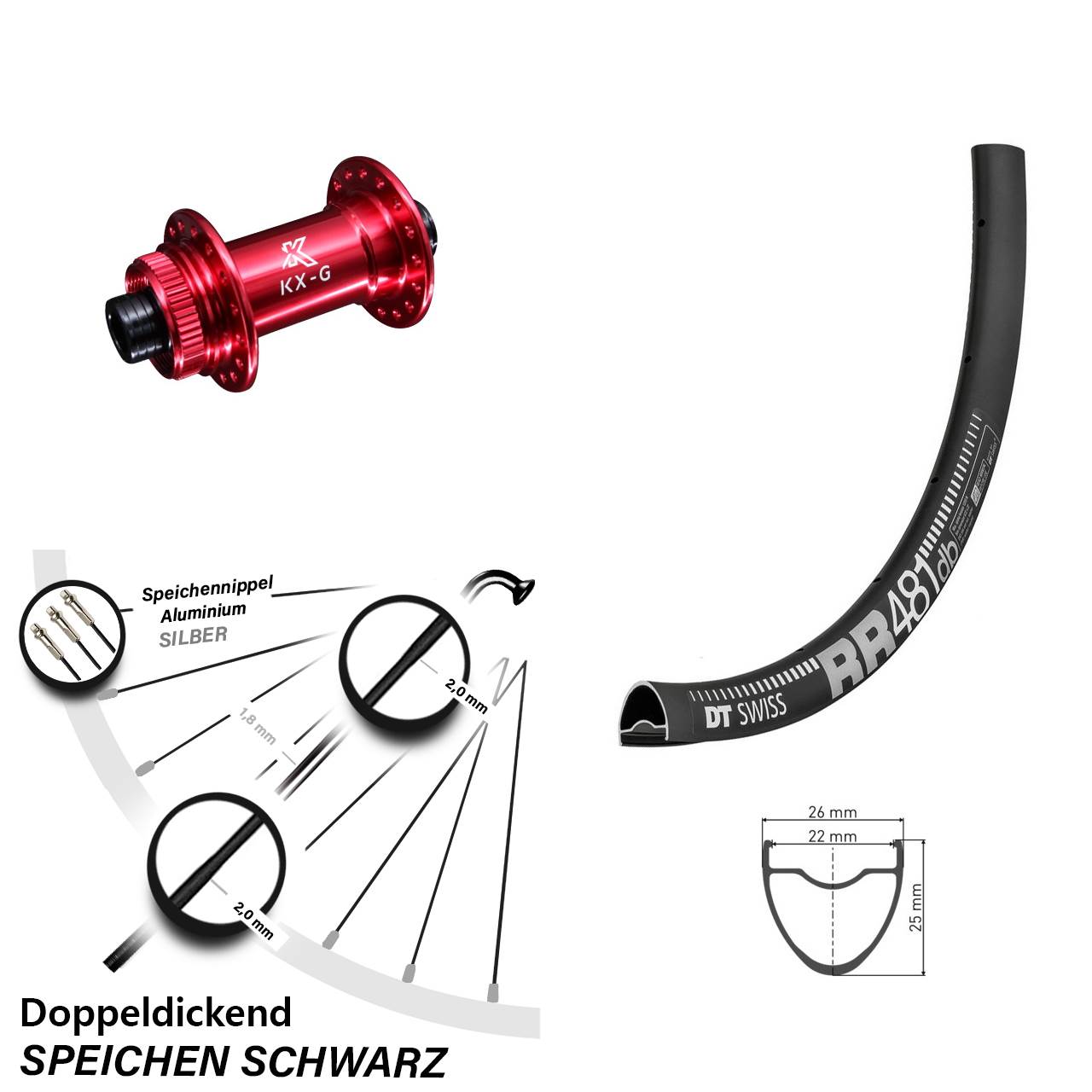 Vorderrad Centerlock 15x100 28 Zoll DT Swiss RR 481 KX-G rot