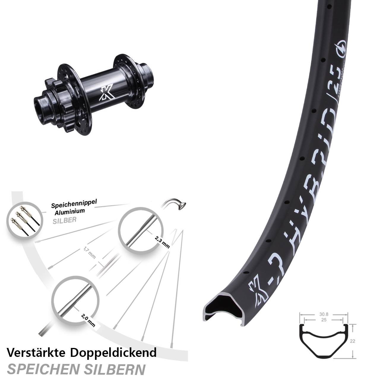 26 Zoll Vorderrad DH verstärkt 20x110 mm Steckachse KX-M schwarz 6-loch