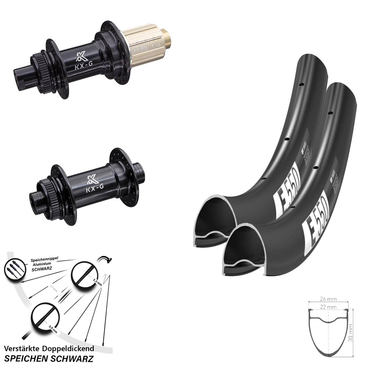 28 Zoll DT Swiss E550 KX-G Disc Laufrad-Satz 12x100/142 8-12 fach