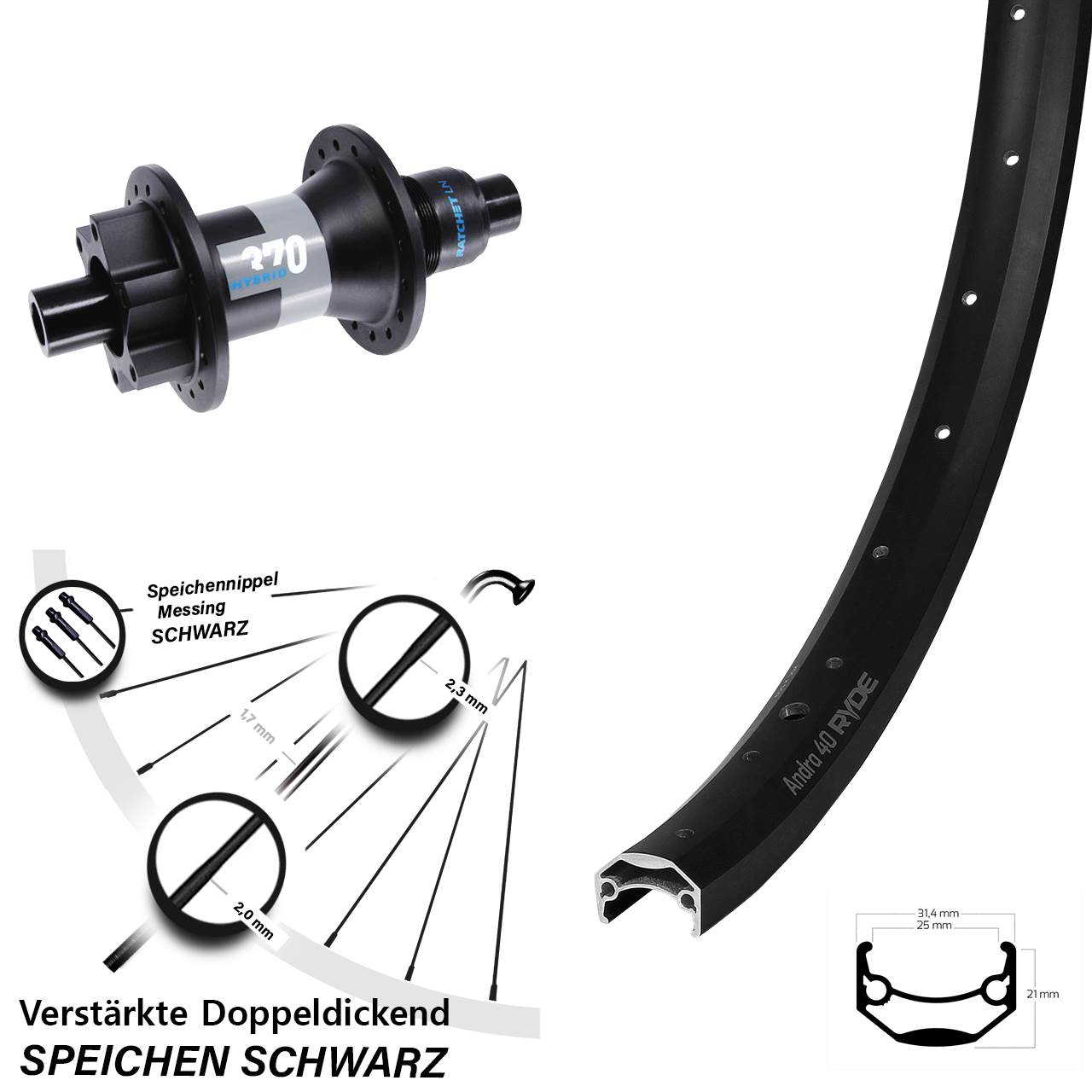 26 Zoll Ryde Andra 40 Disc DT Swiss Hybrid 370 6-Loch Hinterrad 12x148 XD