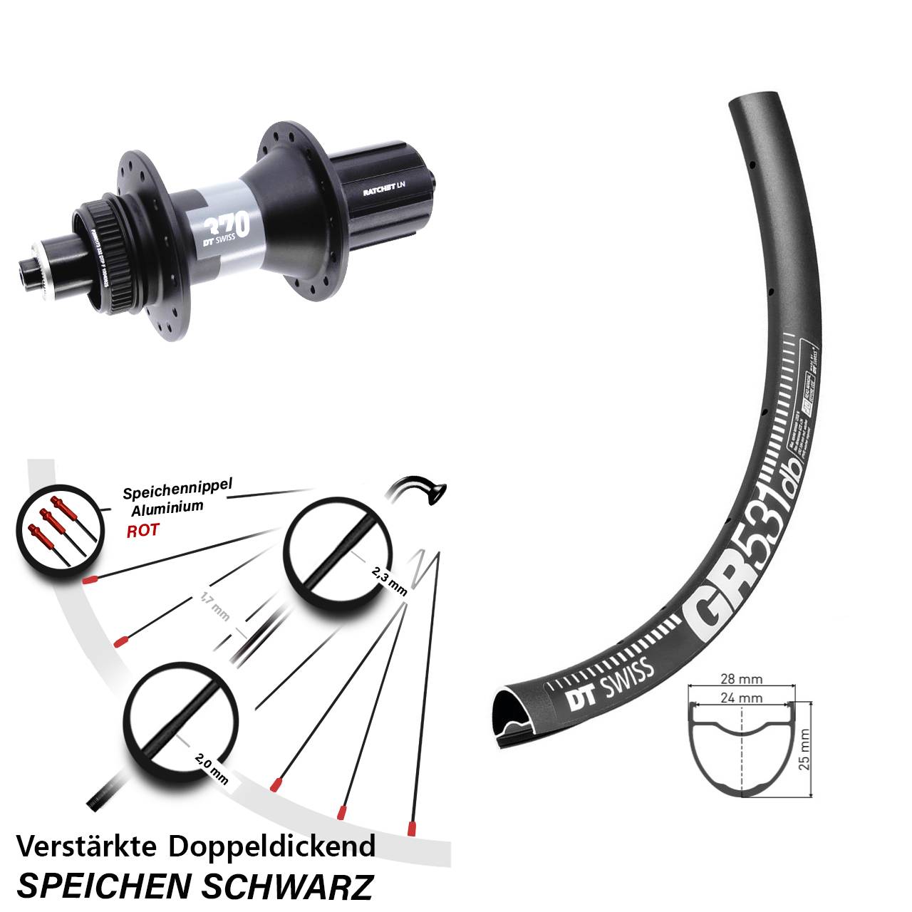 DT Swiss GR531-370 28 Zoll Hinterrad Centerlock für Schnellspanner 8-12 fach HG