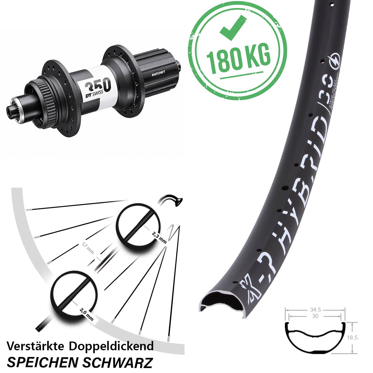KX-R Hybrid 30 DT Swiss 350 29 Zoll Hinterrad für Schnellspanner 8-11 fach