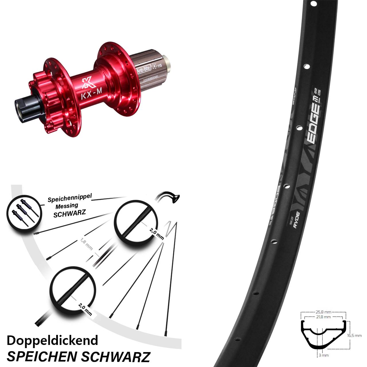 29 Zoll Hinterrad Ryde Edge M22 OS mit KX-M 11-fach 6-loch Nabe rot eloxiert Steckachse