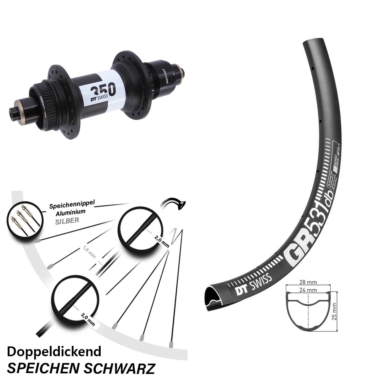 DT Swiss GR531-350 650B Disc Hinterrad für Schnellspanner XD