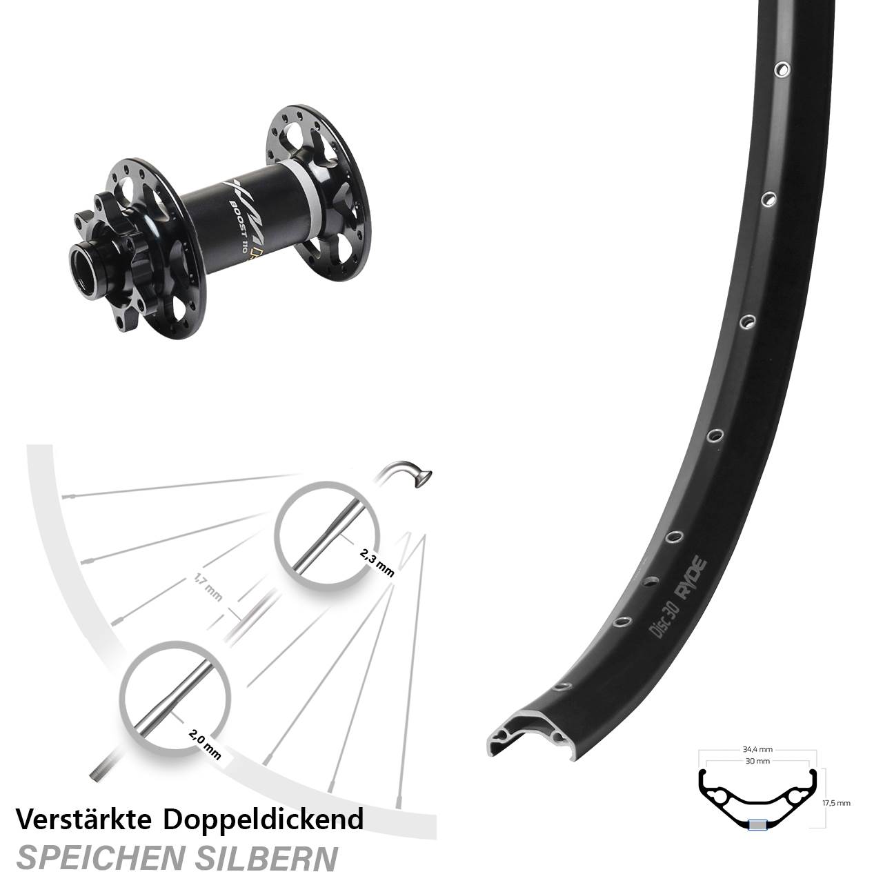 Boost Laufrad 15x110 29 Zoll Ryde Disc 30 Miche XMH 550