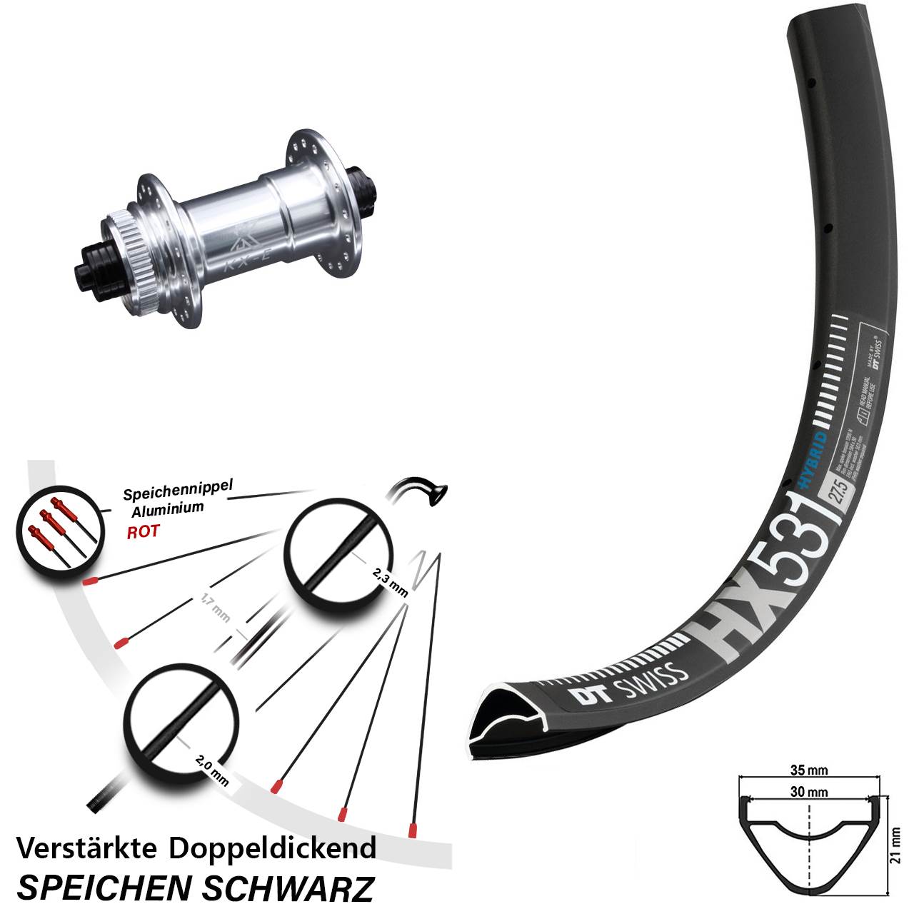 29 Zoll DT Swiss HX 531 KX-E Vorderrad Centerlock für Schnellspanner