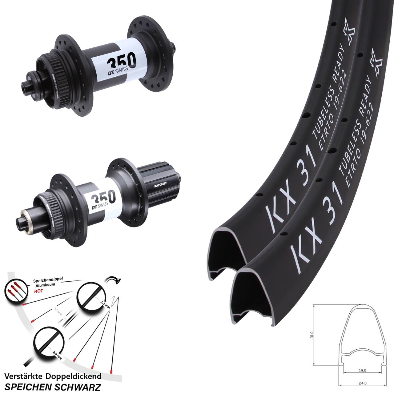 Disc Laufradsatz QR 28 Zoll KX 31 DT Swiss 350 11-12 fach
