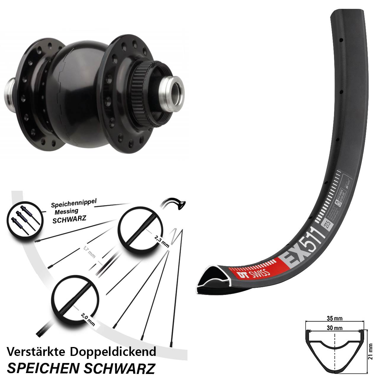 Boost Disc Vorderrad mit Nabendynamo 12x110 27,5 Zoll DT Swiss EX 511 SON 28