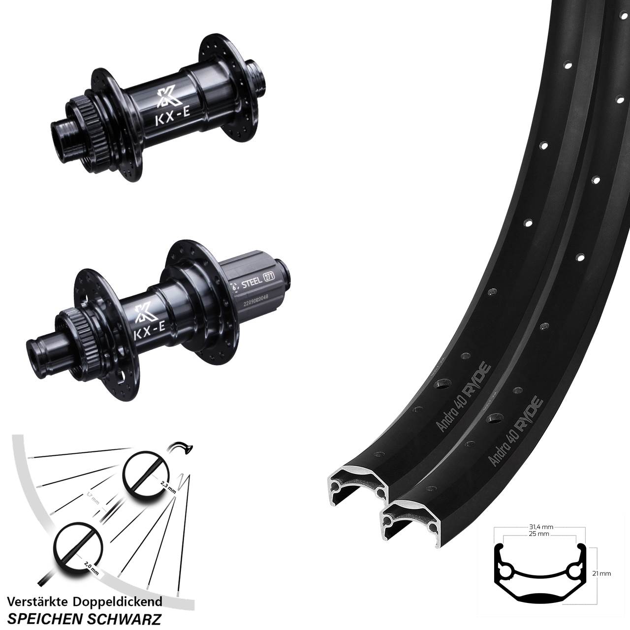 27,5 Zoll Laufradsatz Steckachse 15x100 12x142 mm KX-E verstärkt Ryde Andra 40 Disc