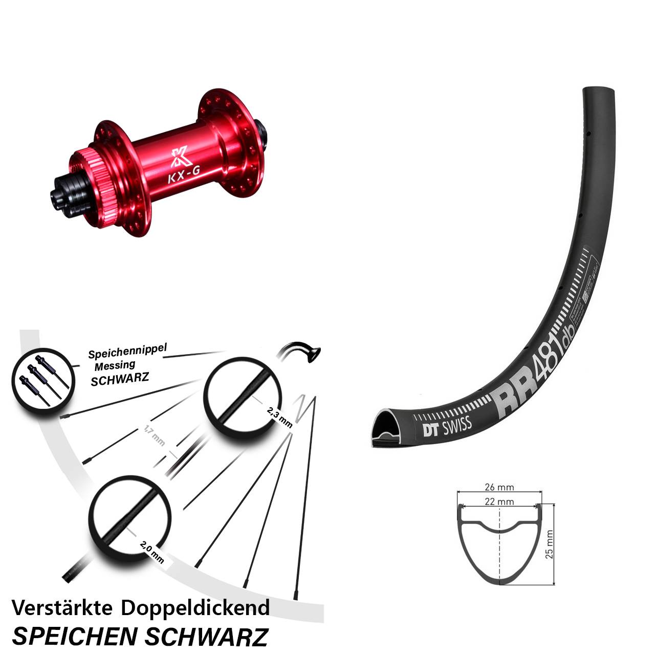 Vorderrad 28 Zoll DT Swiss RR 481 DB Disc verstärkt KX-G rot 5x100