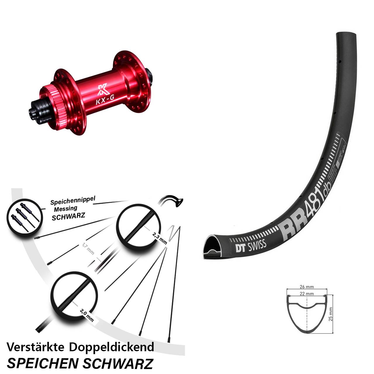 Vorderrad 28 Zoll DT Swiss RR 481 DB Disc verstärkt KX-G rot 5x100
