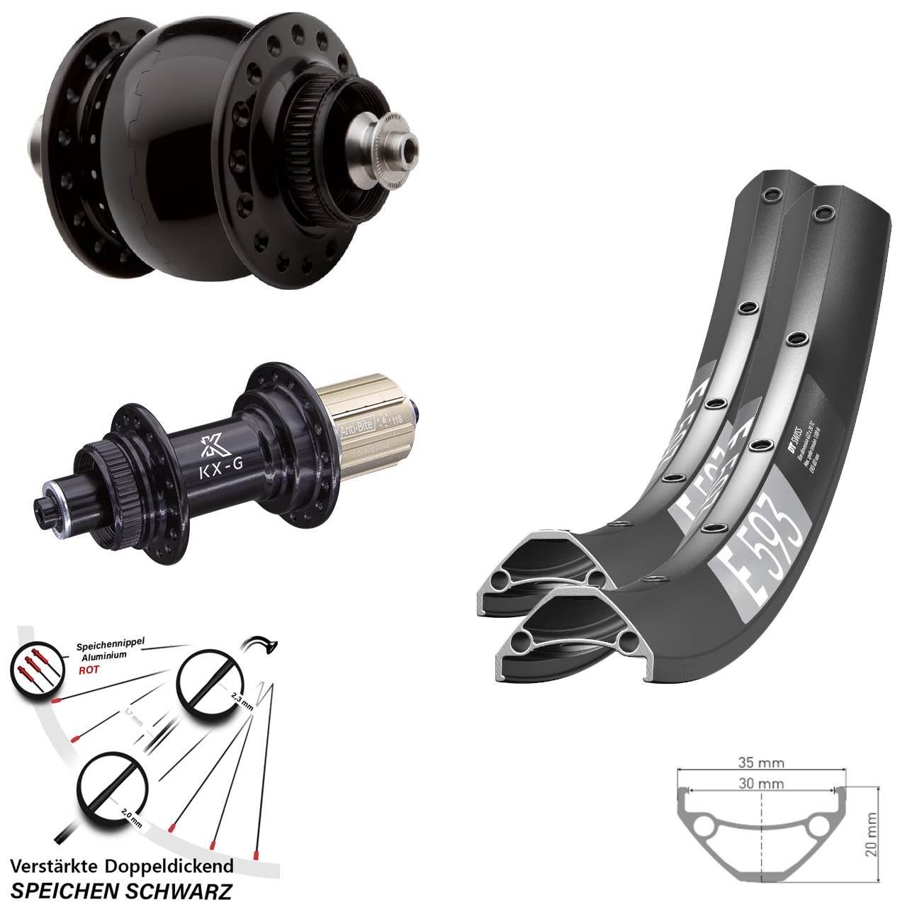 Laufradsatz Centerlock für Schnellspanner 29 Zoll DT Swiss E593 KX-G SON 28 8-12 fach
