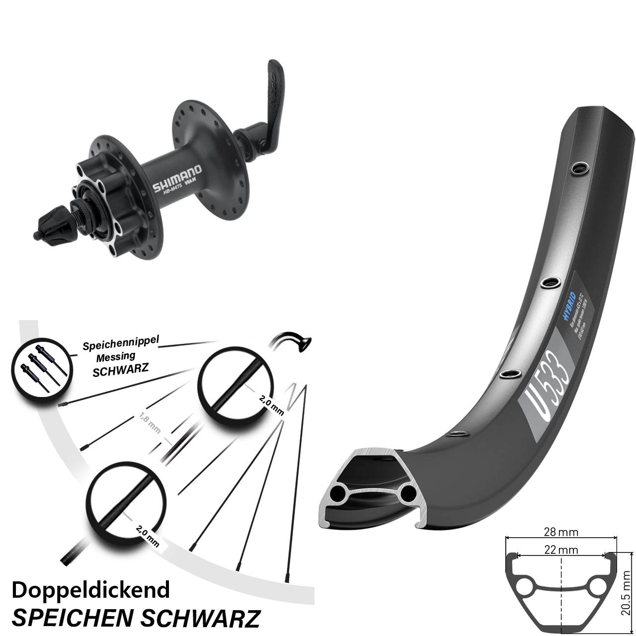 Disc Vorderrad 29 Zoll DT Swiss U 533 Shimano HB-M475 für Schnellspanner