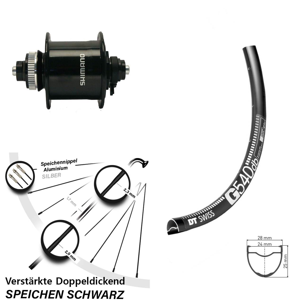 Vorderrad 28 Zoll DT Swiss G 540 Gravel Dynamo Shimano DH-UR700-3D für Schnellspanner