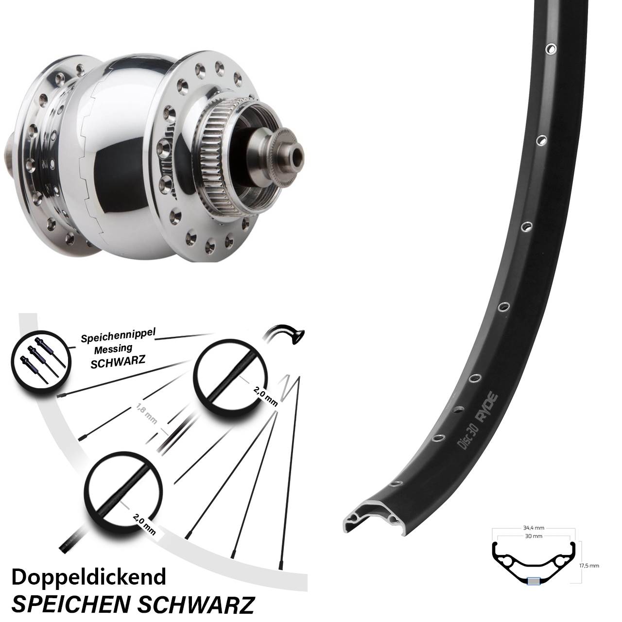 Disc Nabendynamo-Laufrad 27,5 Zoll Ryde Disc 30 SON 28 poliert für Schnellspanner