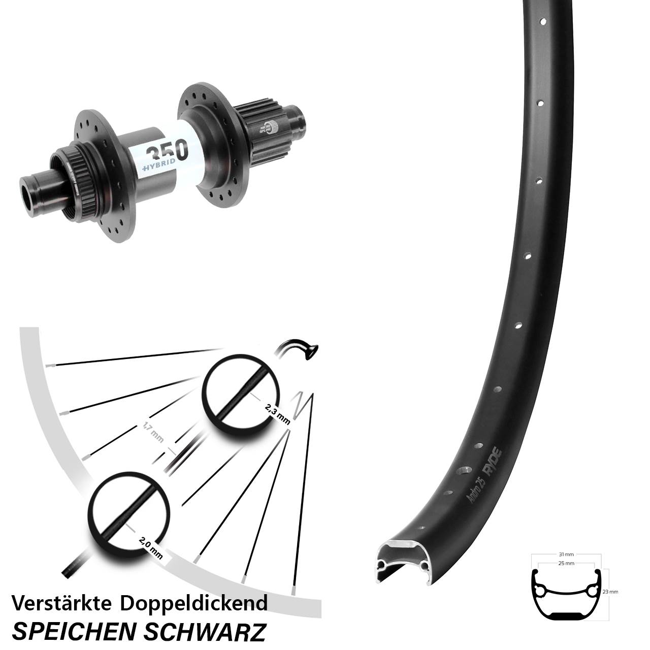 28 Zoll Ryde Andra 25 DT Swiss 350 Hybrid Disc Hinterrad 12x148 Shimano Micro Spline