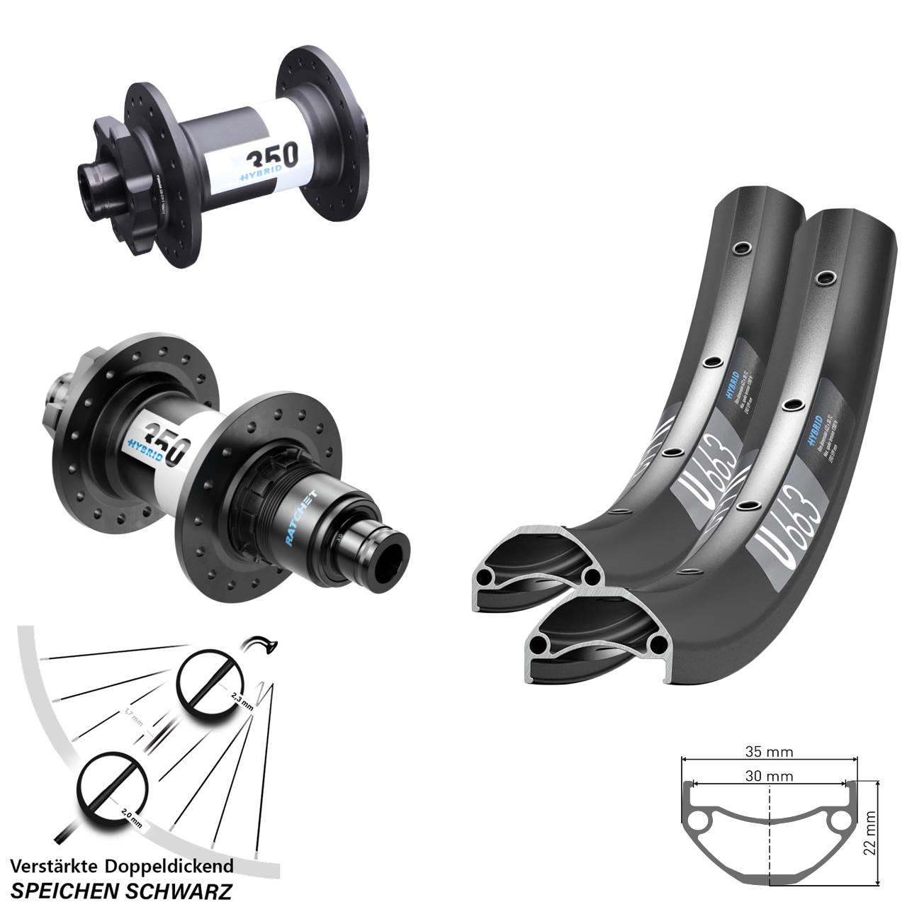 20 Zoll DT Swiss U663 350 Hybrid Boost 6-Loch Laufradsatz XD 11-12 fach