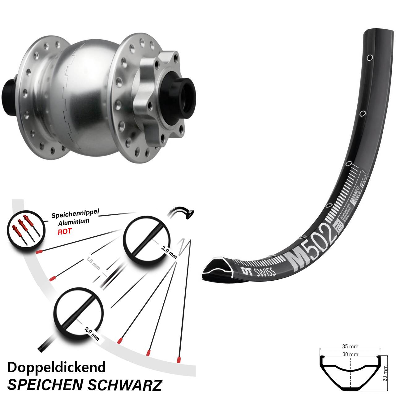 27,5 Zoll DT Swiss M 502 SON 28 silbern Disc Vorderrad mit Nabendynamo 15x110 Boost