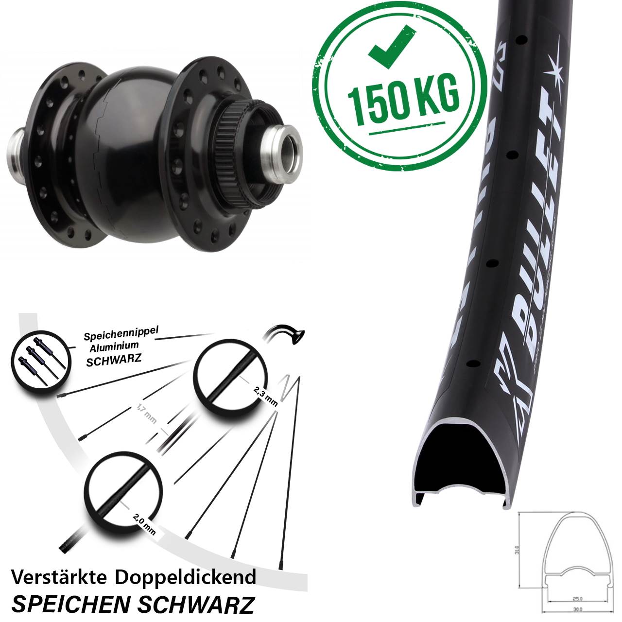 KX Bullet SON 28 Zoll Dynamo-Vorderrad Centerlock 12x110 Boost