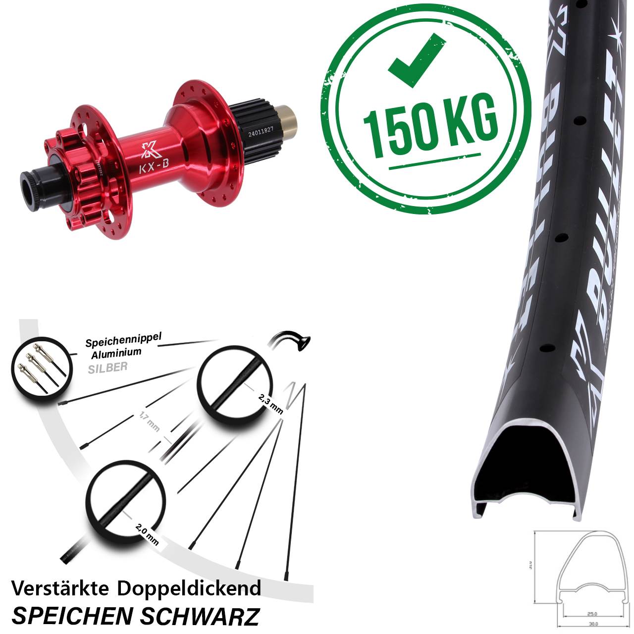 KX-Bullet OS rot 28-29 Zoll Hinterrad 6-Loch 12x148 Micro Spline