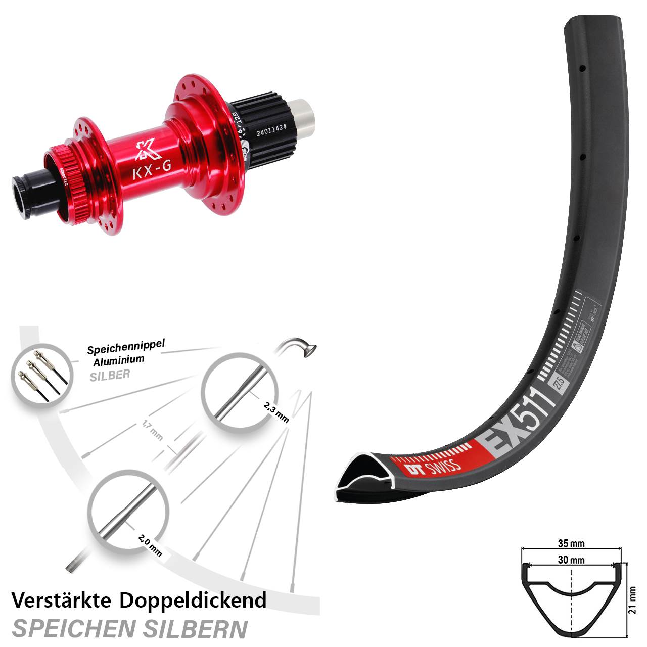 Hinterrad Centerlock 29 Zoll DT Swiss EX 511 KX-G rot Micro Spline 12x142