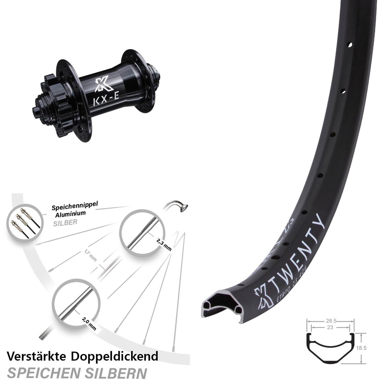 KX-E Twenty Disc Vorderrad 20 Zoll schwarz verstärkt Cargo 5x100 mm 6-Loch