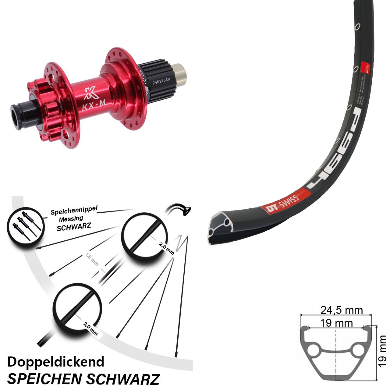 28 Zoll Hinterrad DT Swiss 466D KX-M rot Micro Spline 12x142