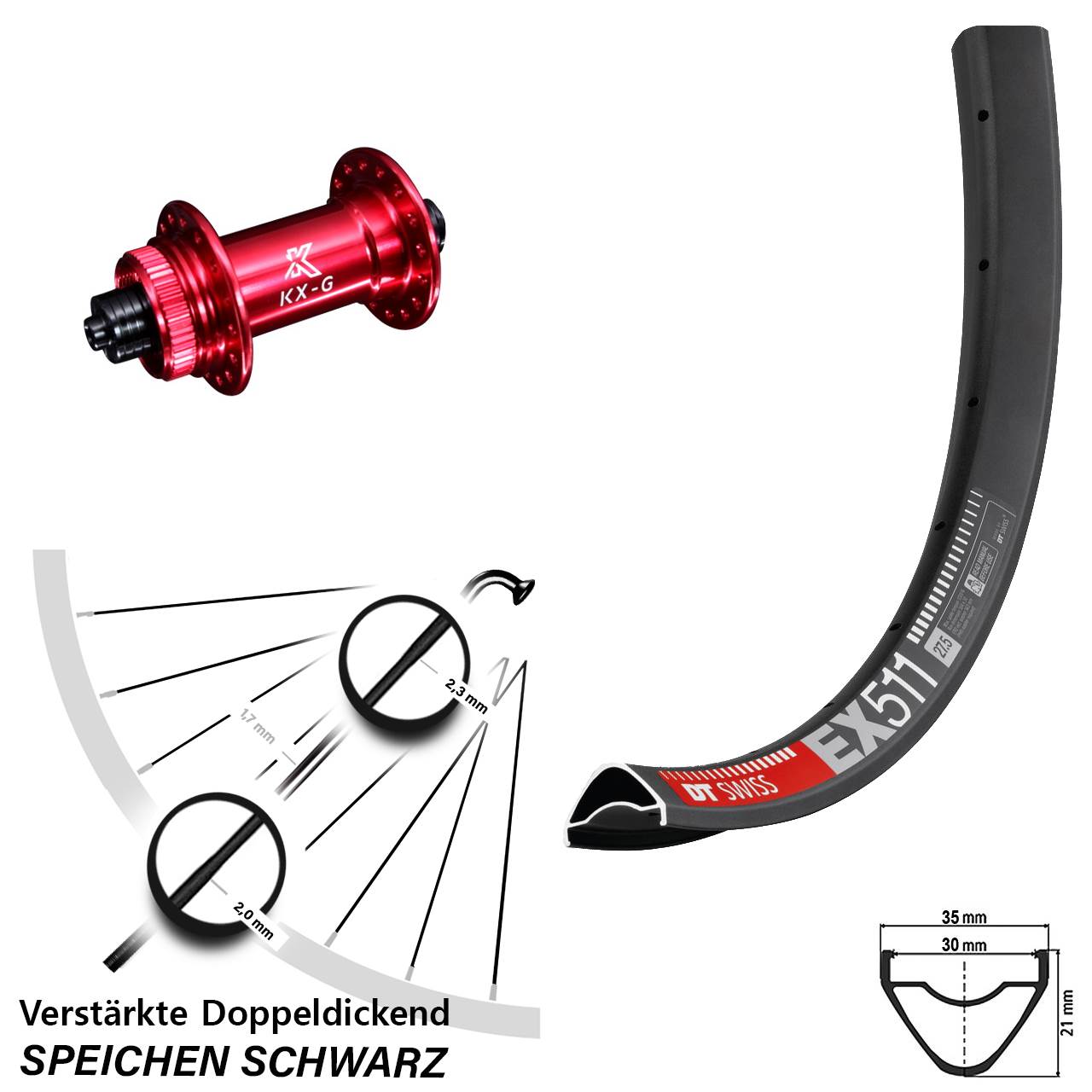 Disc Laufrad 29 Zoll DT Swiss EX 511 KX-G rot QR