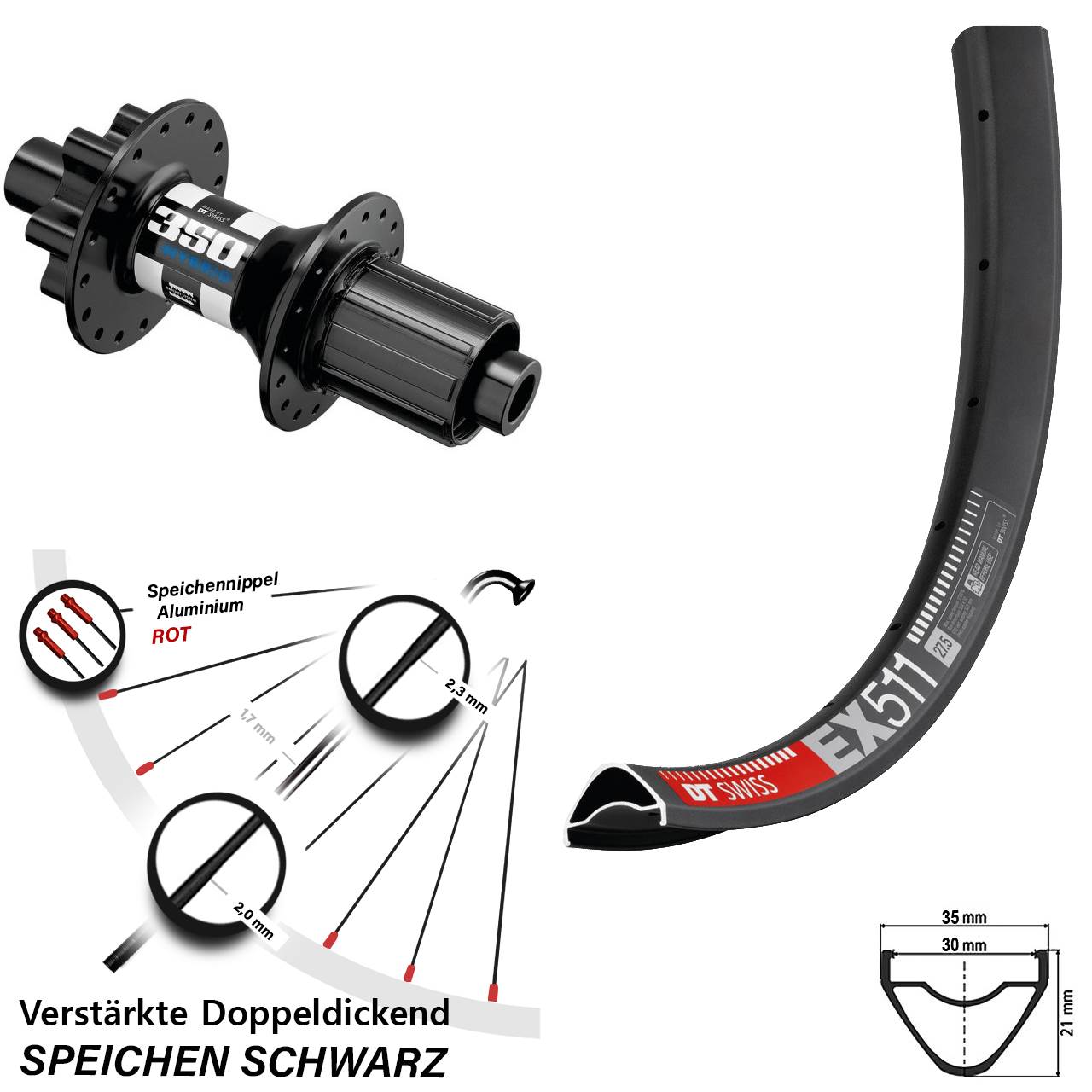 Hinterrad 6-Loch 27,5 Zoll DT Swiss EX511-350 Hybrid 8-11 fach HG 12x148