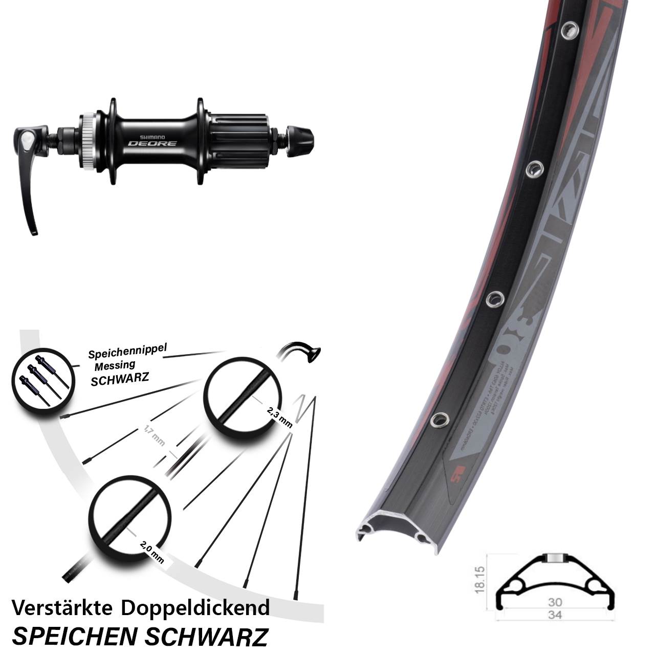 Disc Laufrad 29 Zoll Rodi TRYP 30 Shimano Deore 8-11 fach HG für Schnellspanner