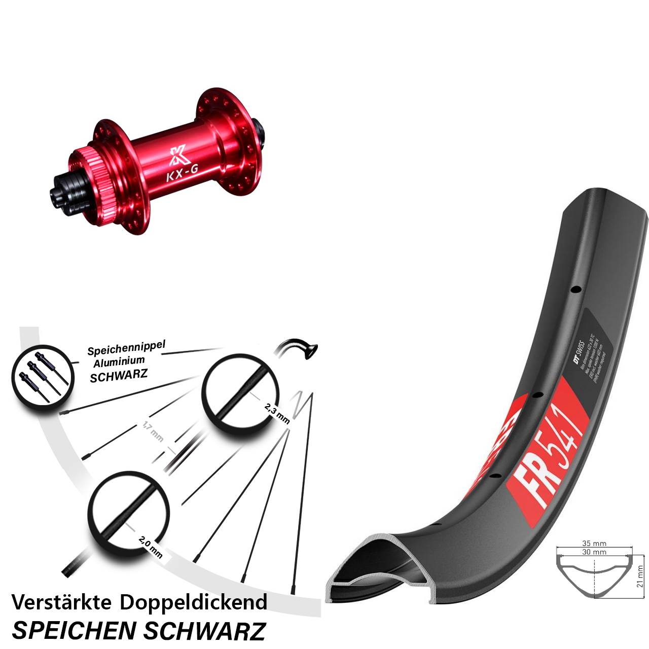 DT Swiss FR541 KX-G rot 27,5 Zoll Vorderrad Centerlock für Schnellspanner