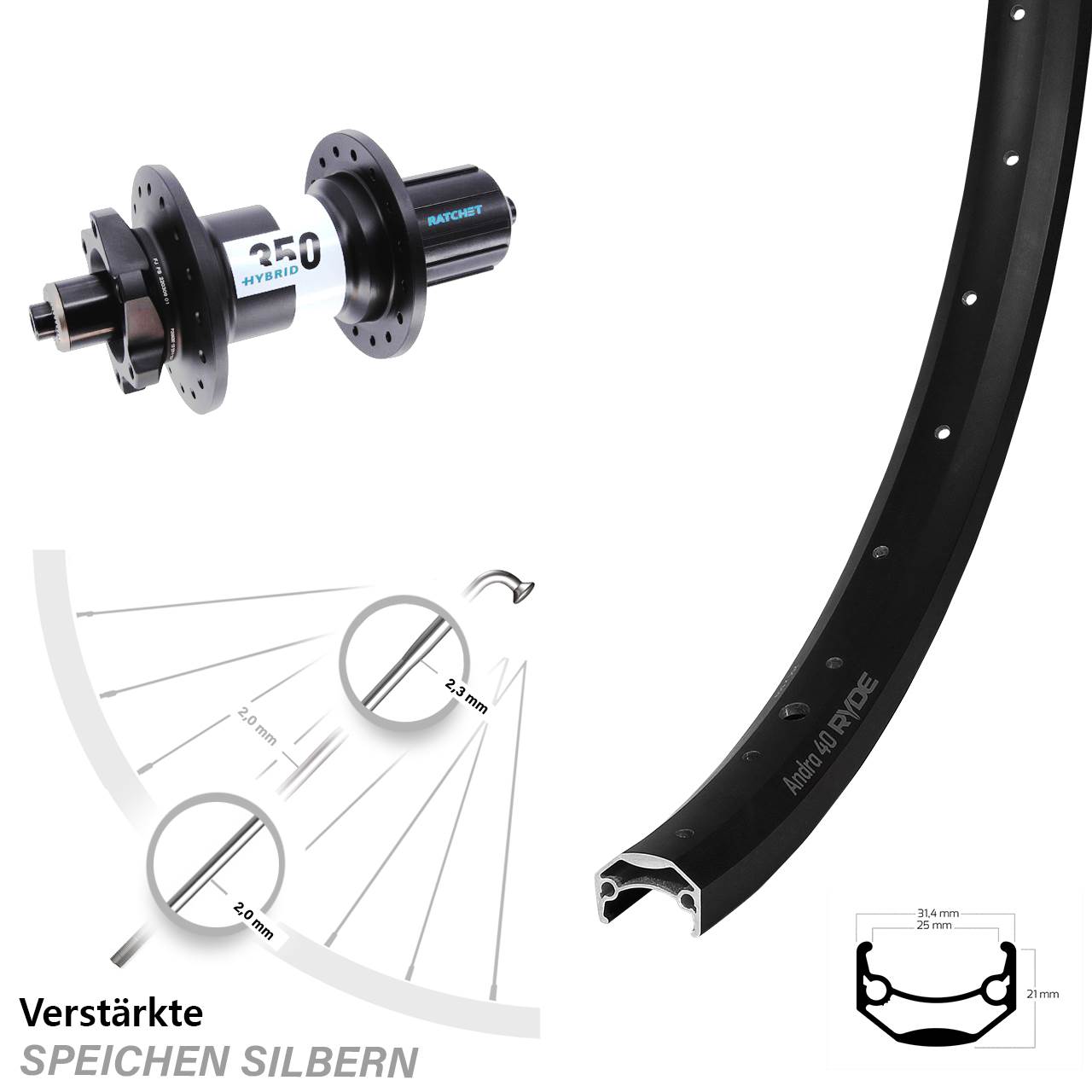 650B Ryde Andra 40 DT Swiss 350 Hybrid Boost Disc Hinterrad QR Boost 8-11 fach HG