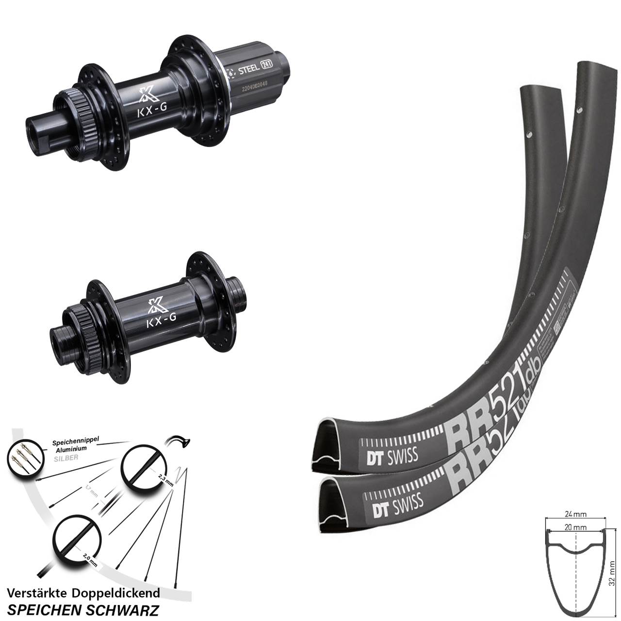 28 Zoll Laufradsatz DT Swiss R 500 Steckachse KX-GS Nabe Centerlock verstärkt 8-12 fach
