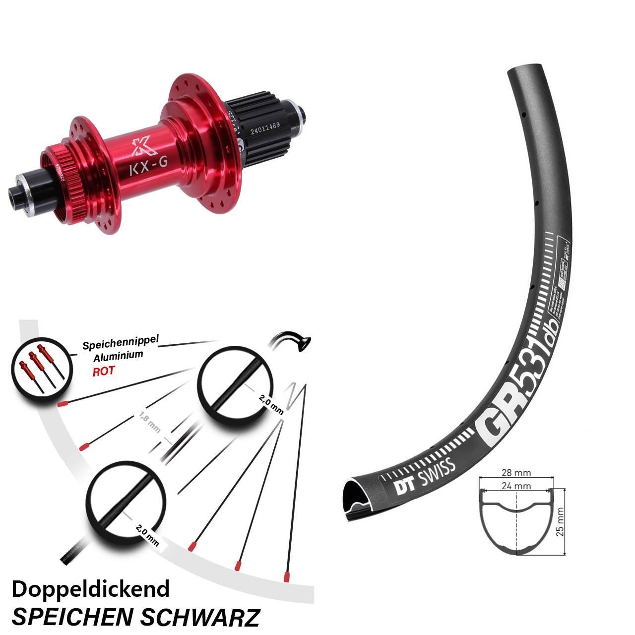 Disc Laufrad 650B DT Swiss GR531 KX-G rot Micro Spline für Schnellspanner