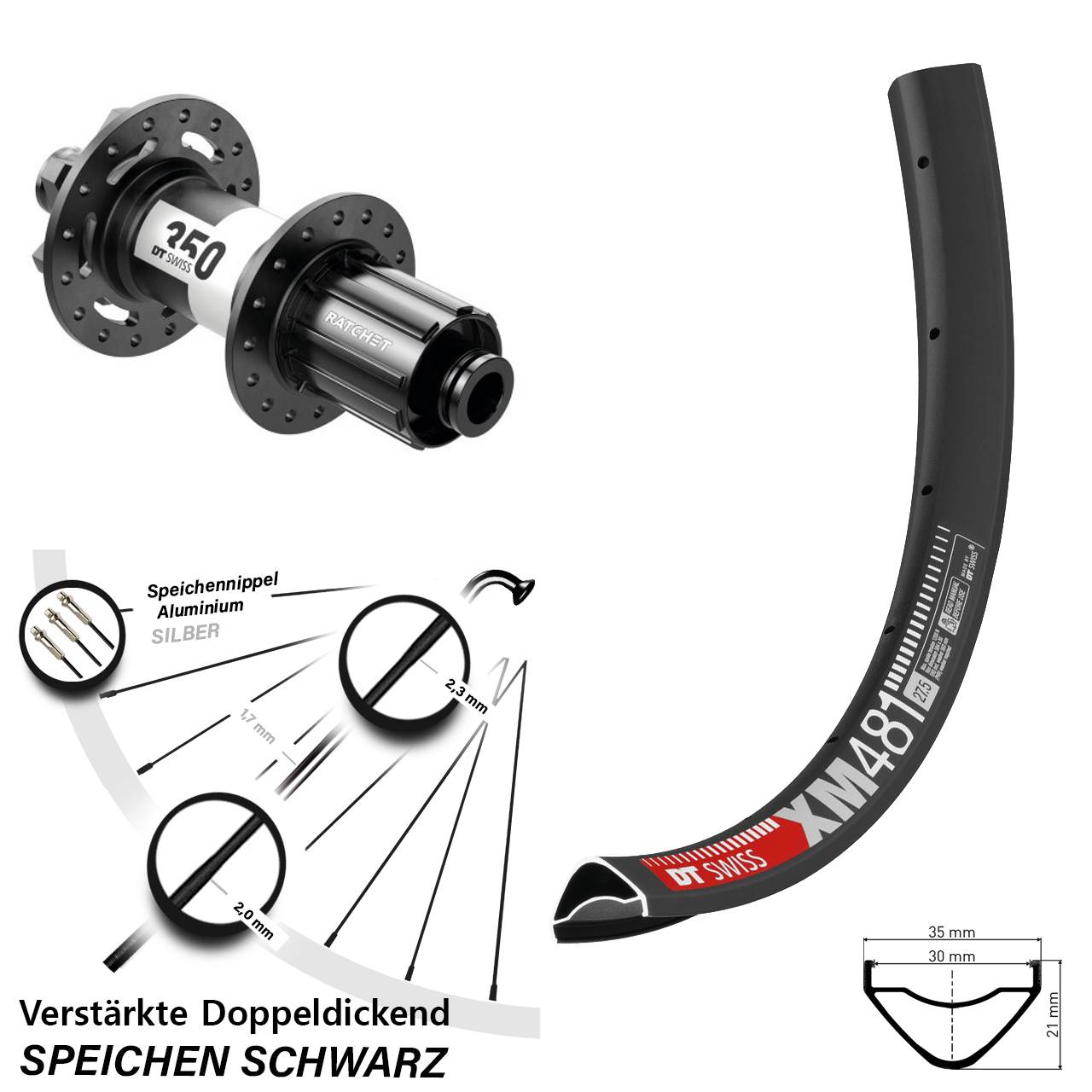 27,5 Zoll DT Swiss XM481-350 Ratchet 36 Boost 6-Loch Hinterrad 12x148 8-11 fach HG