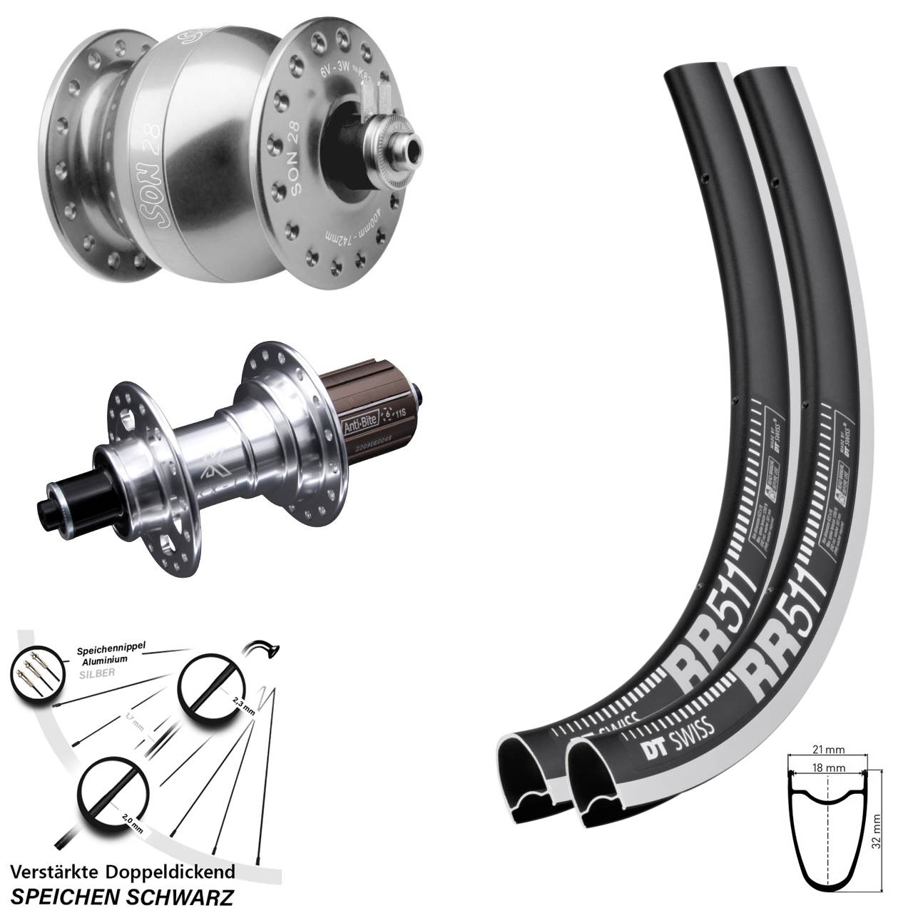 Laufradsatz 28 Zoll DT Swiss RR511 KX-T SON 8-12 fach QR