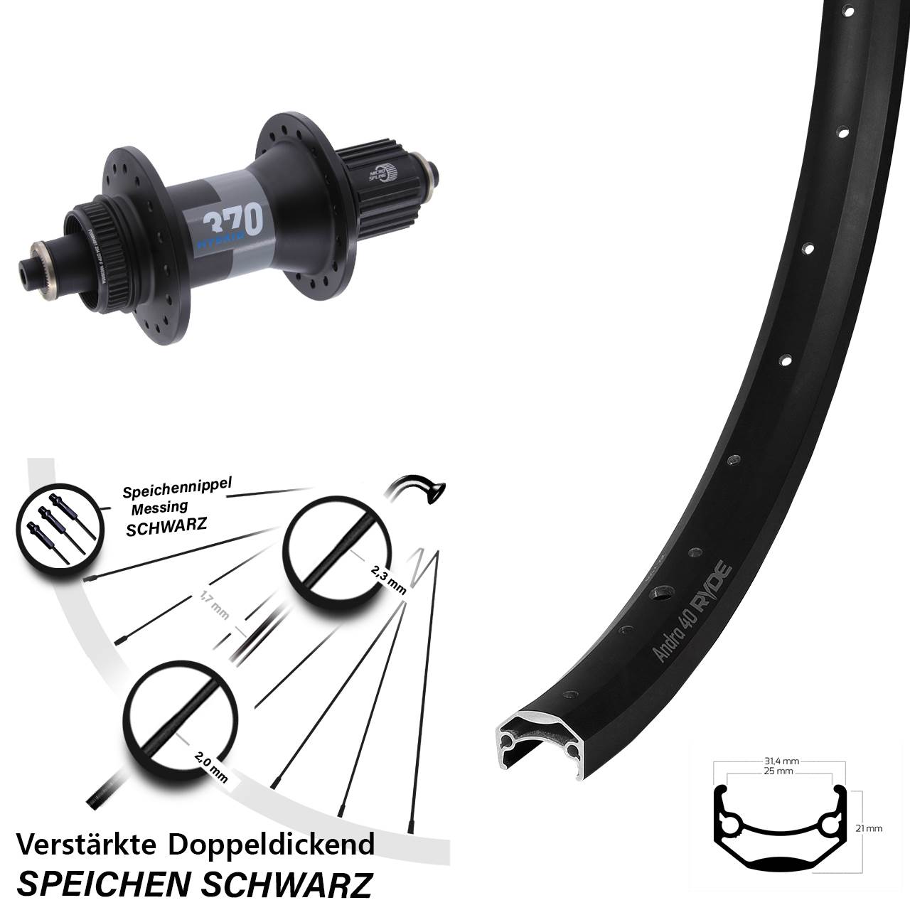 Hinterrad Disc 27,5 Zoll Ryde Andra 40 DT Swiss 370 Hybrid Micro Spline QR Boost