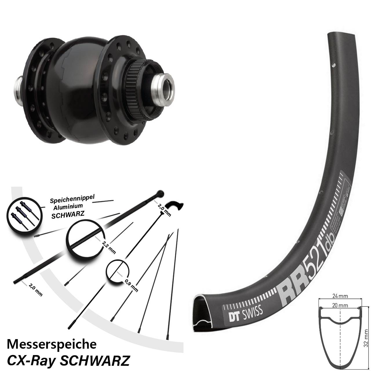 Vorderrad mit Nabendynamo 12x100 SON 28 Zoll DT Swiss RR521 CX-Ray