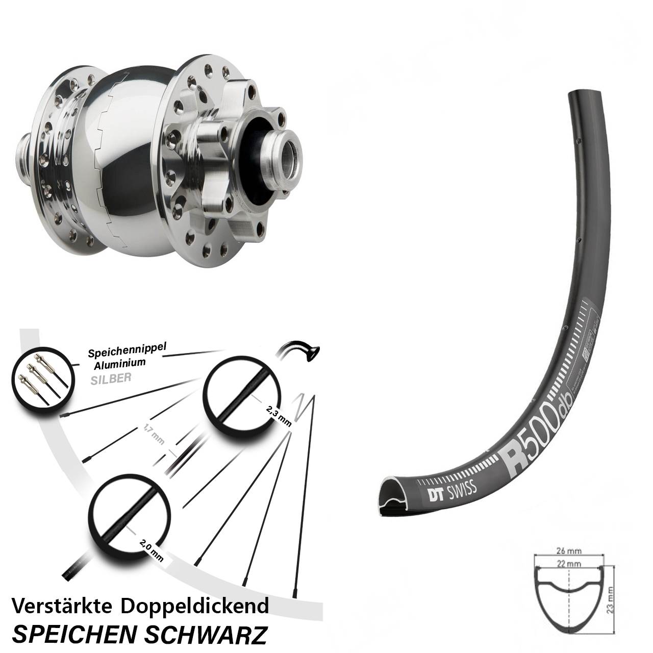Vorderrad Dynamo DT Swiss R 500 SON 28-12x100 Disc silbern poliert