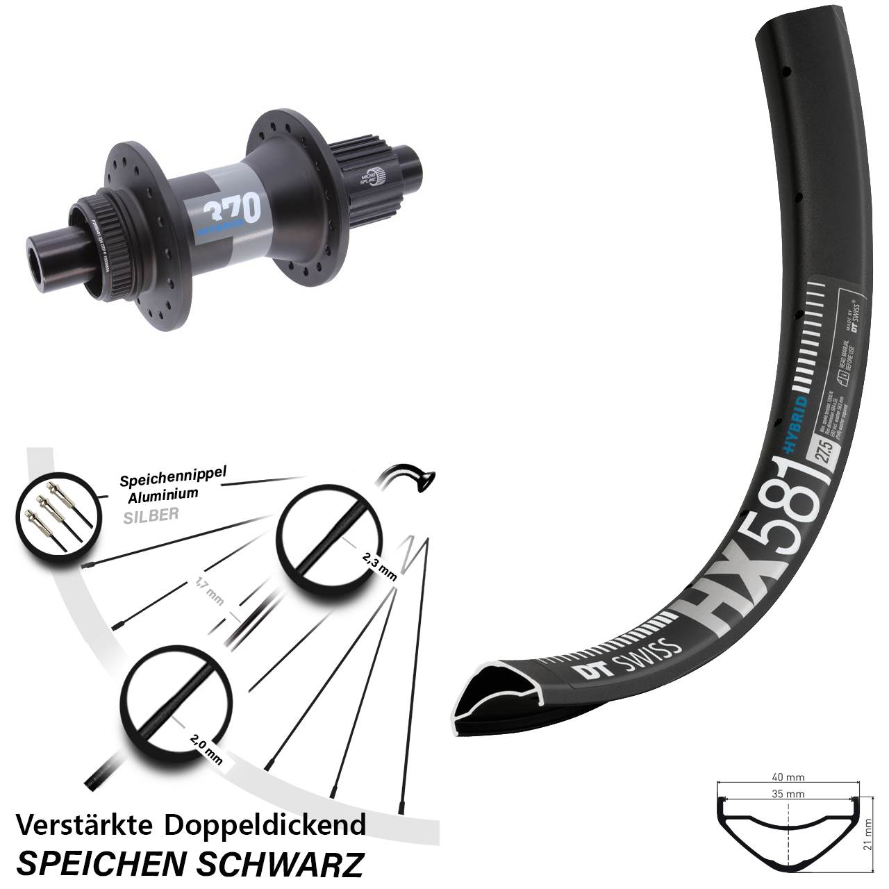 Hinterrad Centerlock 27,5 Zoll DT Swiss HX 581 370 Hybrid Shimano Micro Spline 12x148