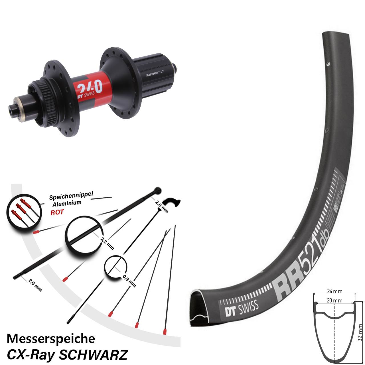 28 Zoll DT Swiss RR521-240 Centerlock Hinterrad QR 11-12 fach HG CX-Ray