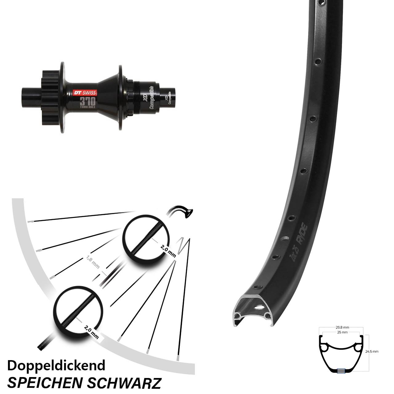 Disc Hinterrad 12x142 28 Zoll Ryde ZAC 25 DT Swiss 370 SRAM XD