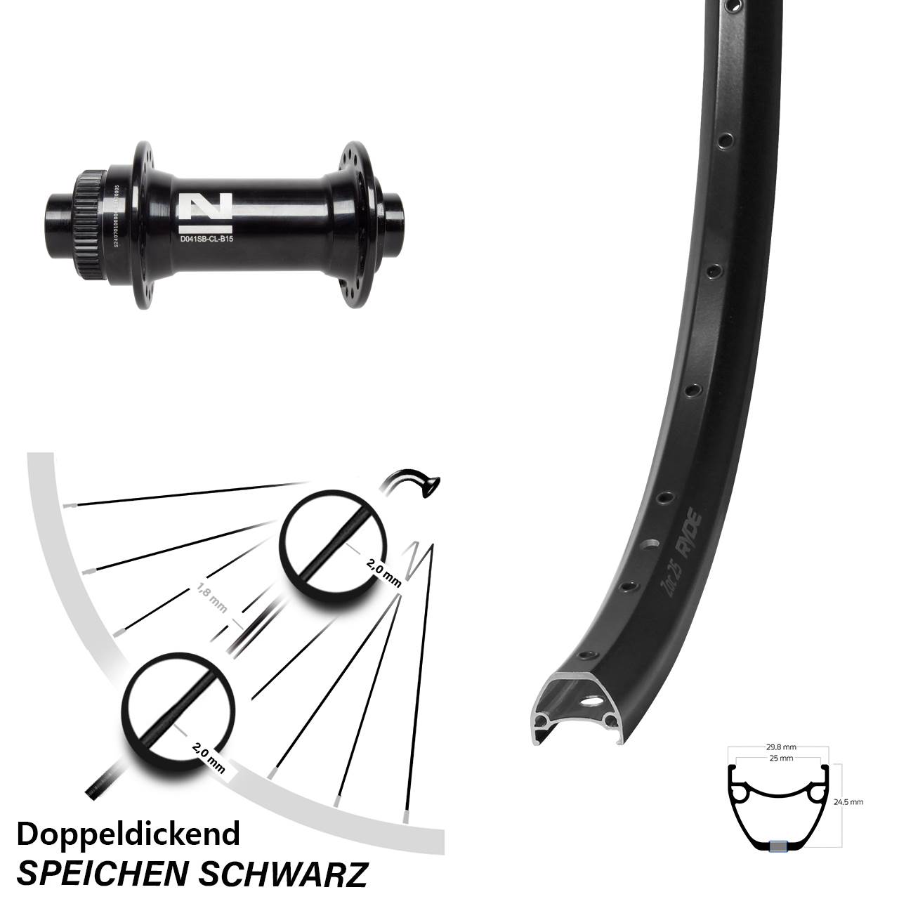 Boost Centerlock Vorderrad 15x110 29 Zoll Ryde ZAC 25 Novatec D041SB