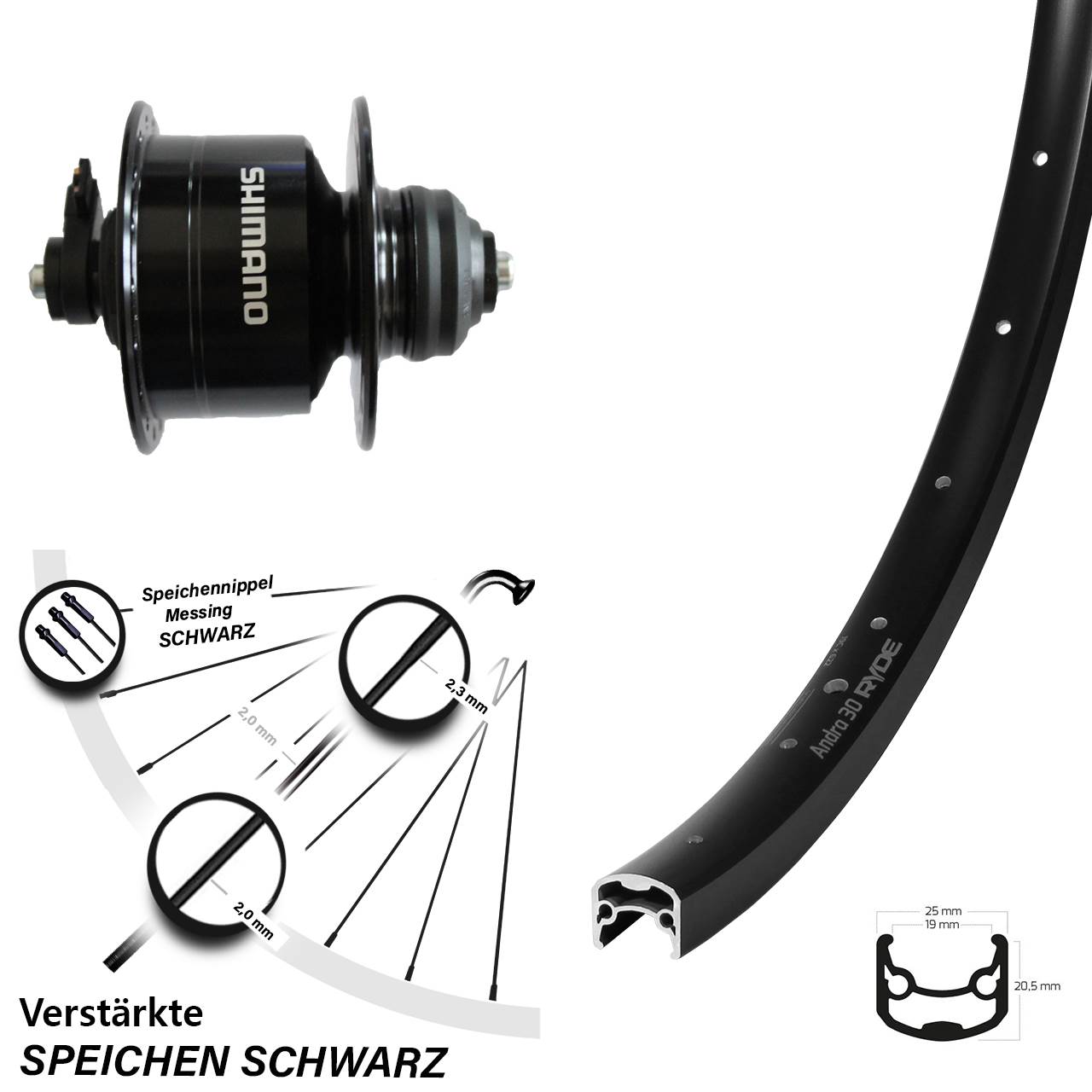 28 Zoll Ryde Andra 30 Disc Shimano DH3D72 Dynamo-Vorderrad Centerlock QR