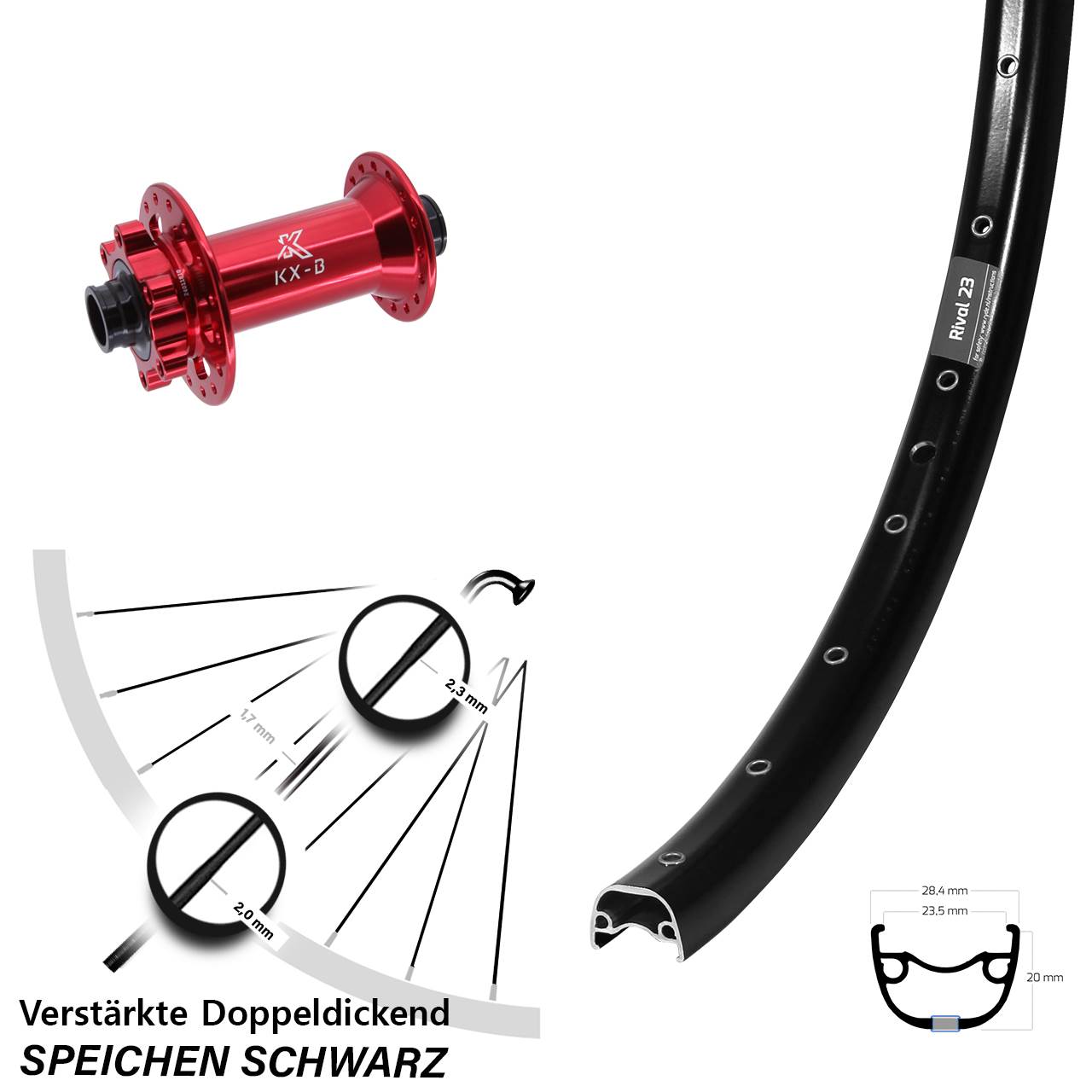 Ryde Rival 23 KX-B rot 650B Vorderrad 6-Loch 15x110 Boost
