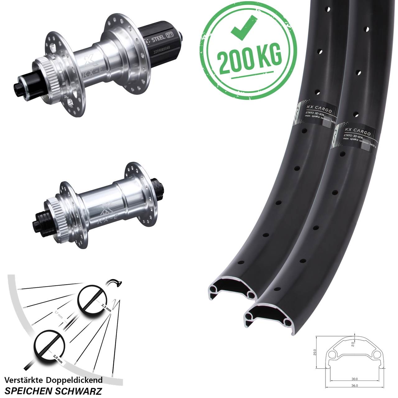 20/26 Zoll KX-E Cargo Disc Laufrad-Satz für Schnellspanner 8-12 fach