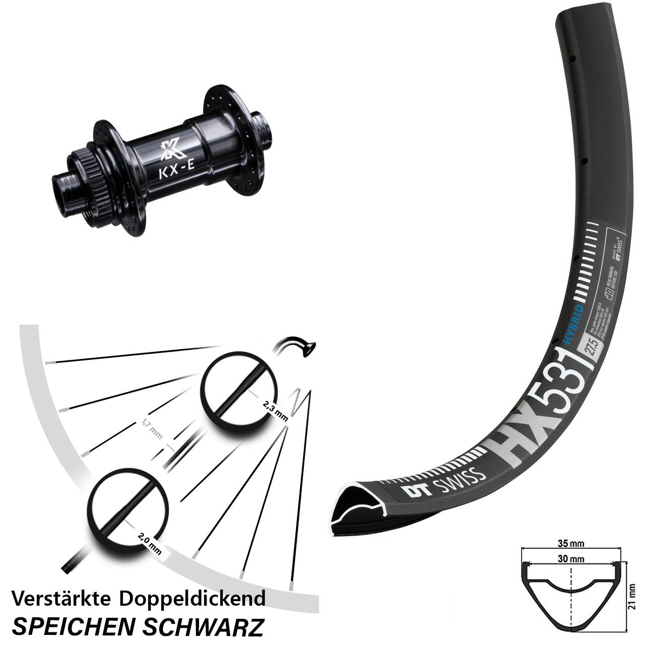 29 Zoll Vorderrad KX-E Centerlock 15x100 mm DT Swiss HX 531 E-Bike