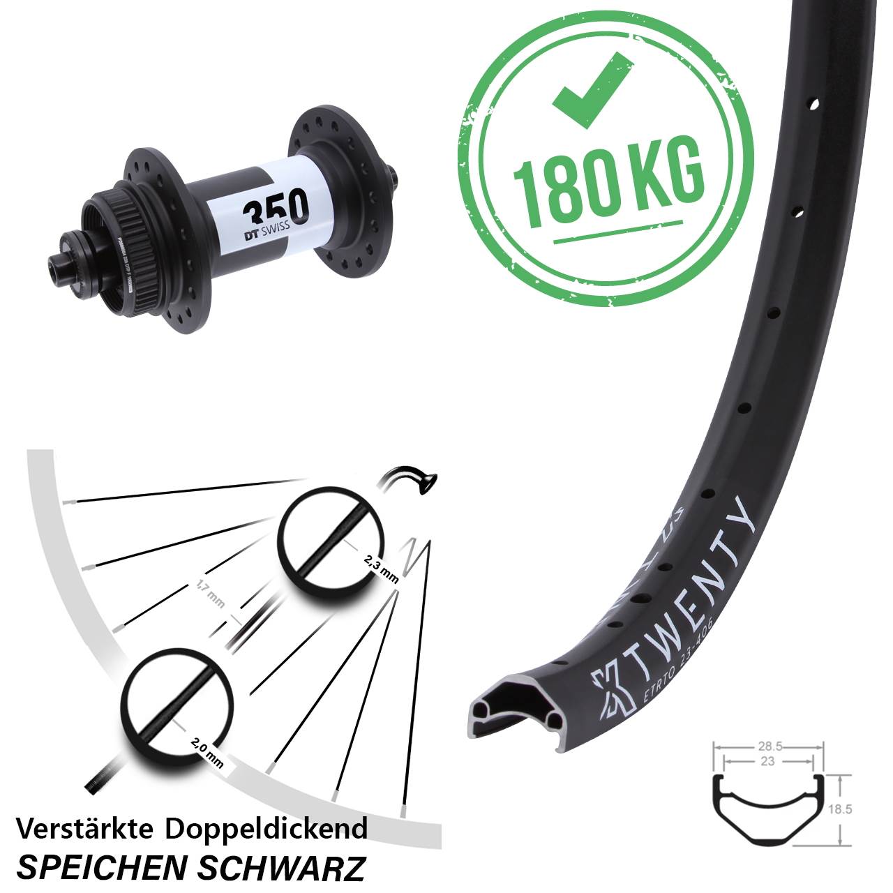 Centerlock Vorderrad für Schnellspanner 20 Zoll KX Twenty DT Swiss 350